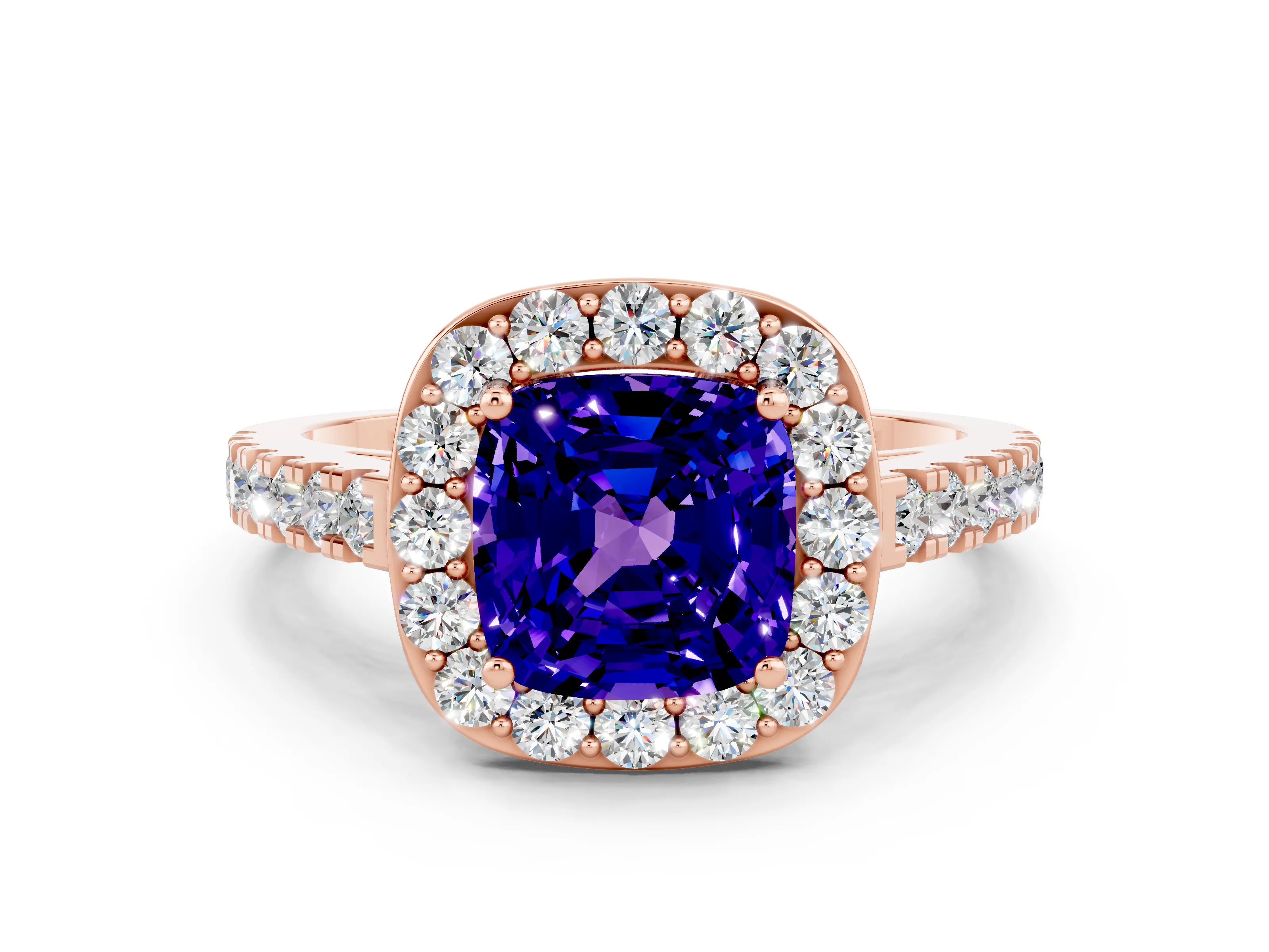 Rose gold Cushion Cut Halo Diamond Ring with Pavé Band and Three-Prong Setting
