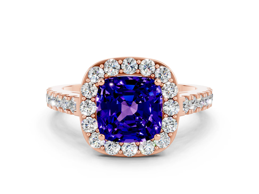 Rose gold Cushion Cut Halo Diamond Ring with Pavé Band and Three-Prong Setting
