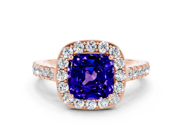 Rose gold Cushion Cut Tanzanite Halo Ring with Round Pavé Split Shank and Prong Setting