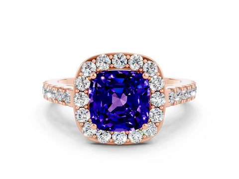 Rose gold Cushion Cut Halo Diamond Ring with Pavé Band and Three-Prong Setting
