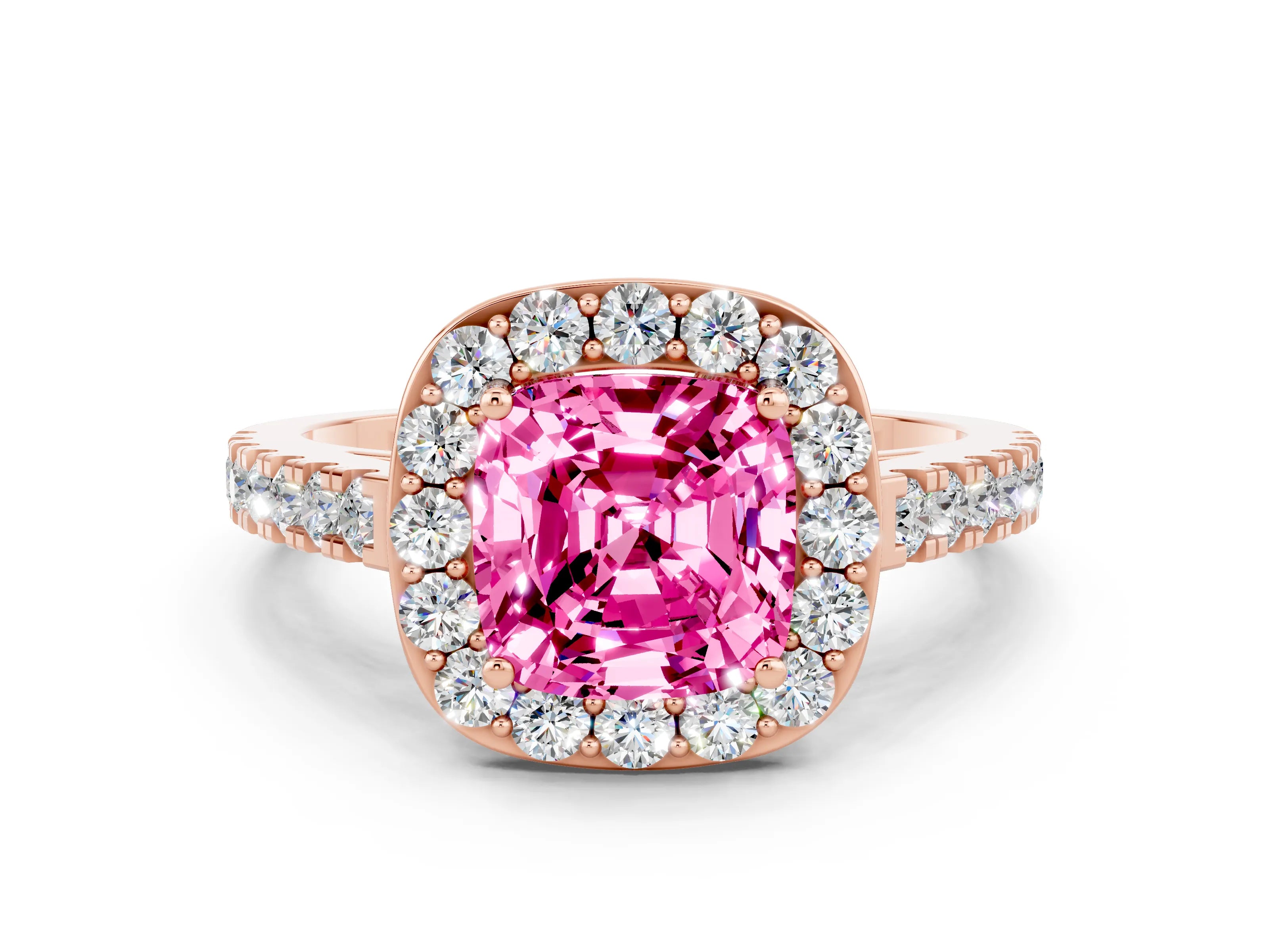 Rose gold Cushion Cut Halo Diamond Ring with Pavé Band and Three-Prong Setting