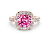 Rose gold Cushion Cut Halo Diamond Ring with Pavé Band and Three-Prong Setting