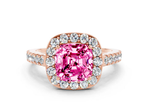 Rose gold Cushion Cut Halo Diamond Ring with Pavé Band and Three-Prong Setting