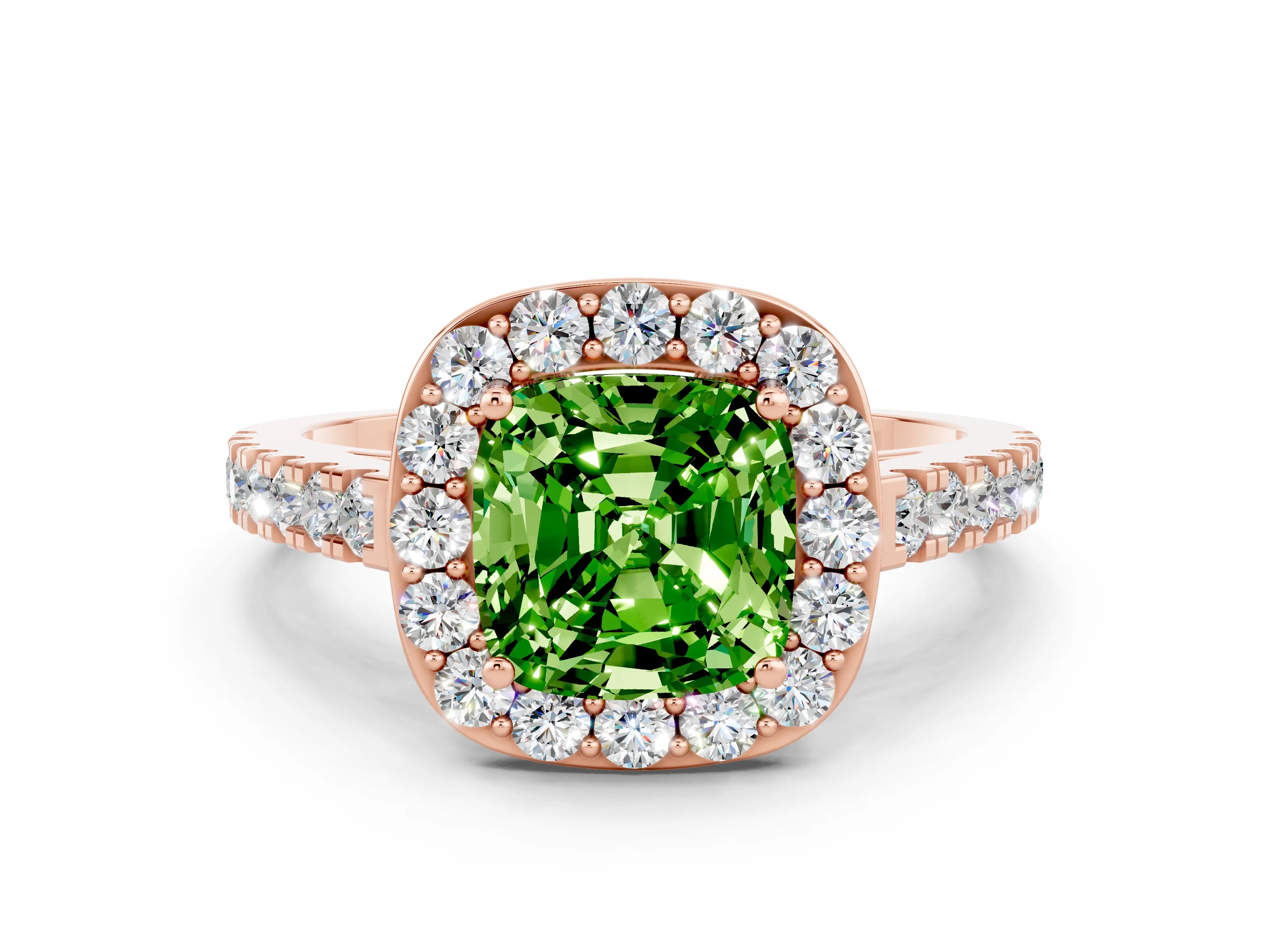 Rose gold Cushion Cut Halo Diamond Ring with Pavé Band and Three-Prong Setting