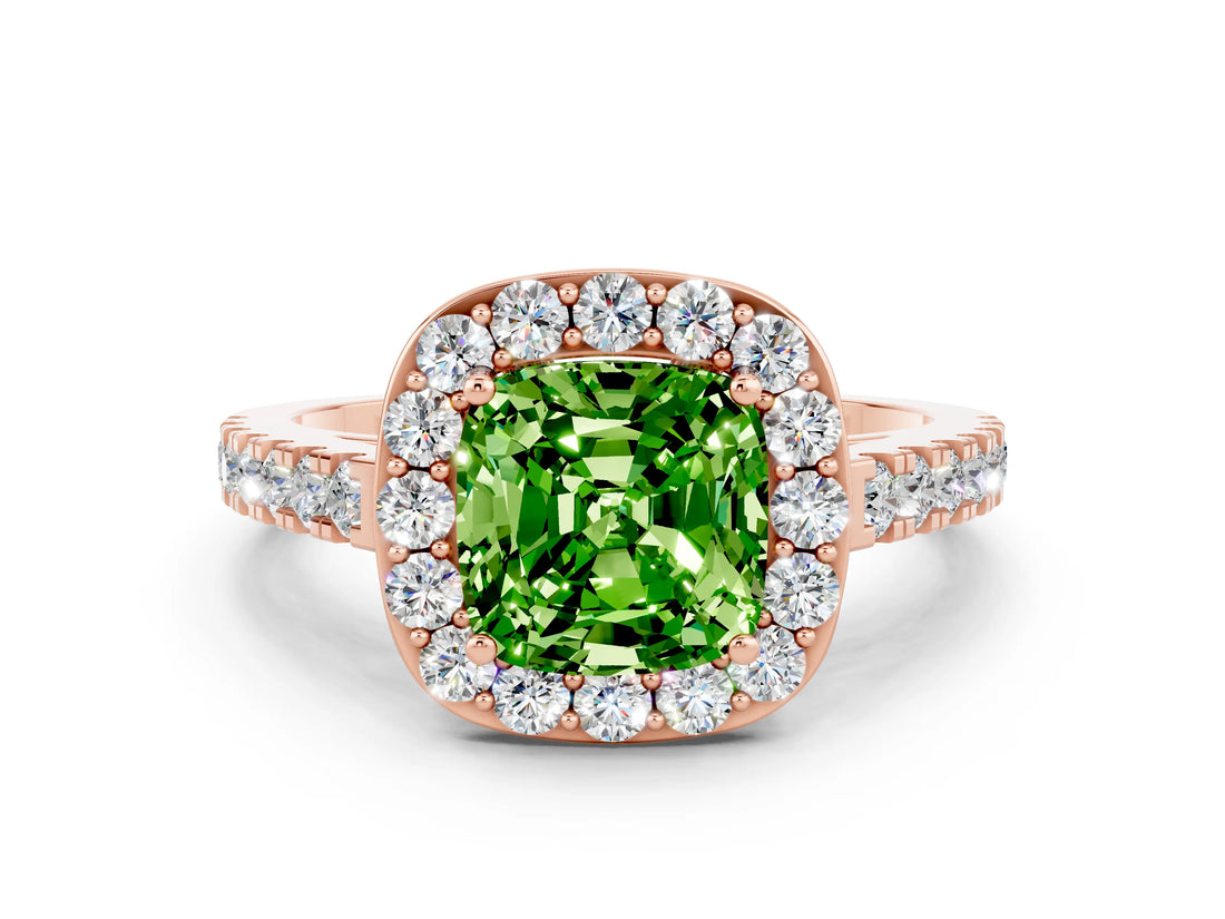 Rose gold Cushion Cut Halo Diamond Ring with Pavé Band and Three-Prong Setting