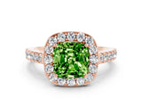 Rose gold Cushion Cut Halo Diamond Ring with Pavé Band and Three-Prong Setting