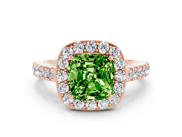 Rose gold Cushion Cut Halo Diamond Ring with Pavé Band and Three-Prong Setting