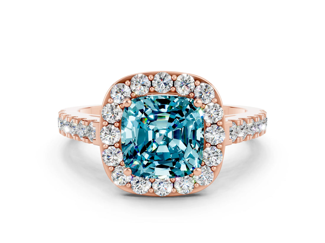 Rose gold Cushion Cut Halo Diamond Ring with Pavé Band and Three-Prong Setting