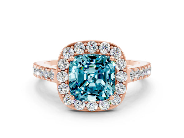 Rose gold Cushion Cut Halo Diamond Ring with Pavé Band and Three-Prong Setting