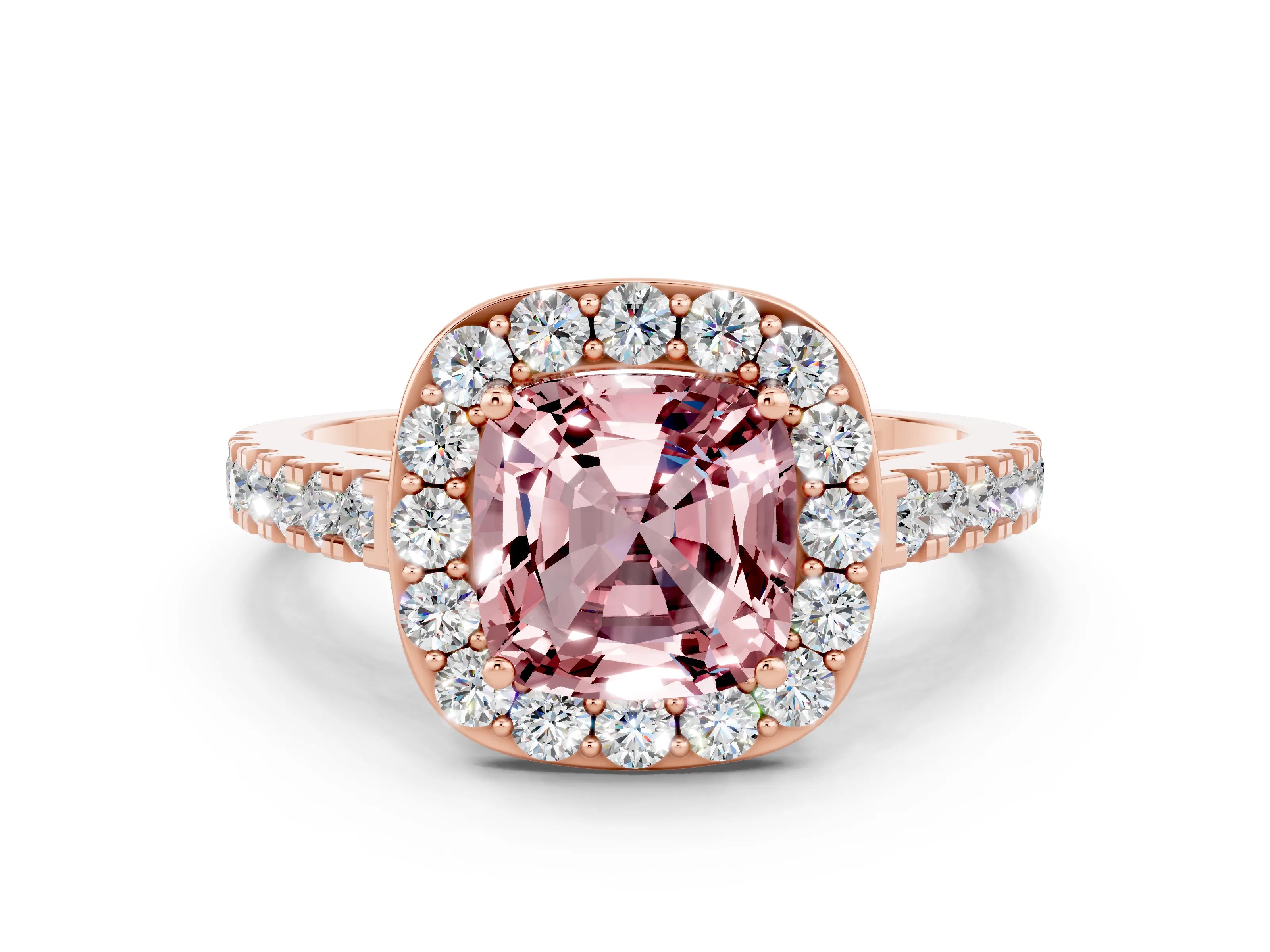 Rose gold Cushion Cut Halo Diamond Ring with Pavé Band and Three-Prong Setting