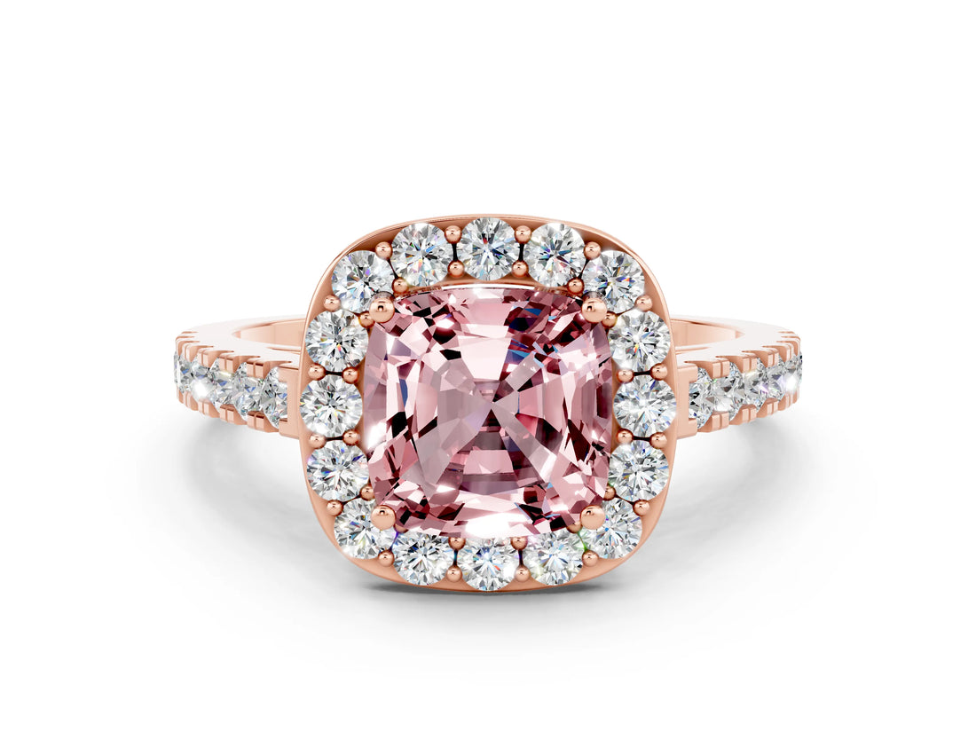 Rose gold Cushion Cut Halo Diamond Ring with Pavé Band and Three-Prong Setting