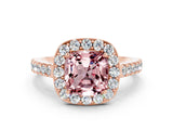 Rose gold Cushion Cut Halo Diamond Ring with Pavé Band and Three-Prong Setting