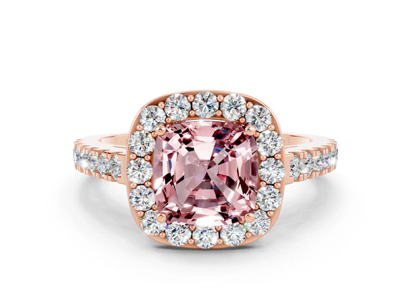 Rose gold Cushion Cut Halo Diamond Ring with Pavé Band and Three-Prong Setting