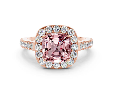 Rose gold Cushion Cut Halo Diamond Ring with Pavé Band and Three-Prong Setting