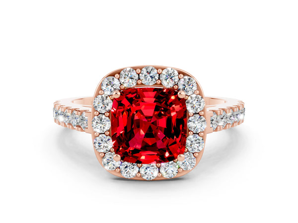 Rose gold Cushion Cut Ruby Halo Ring with Round Pavé Split Shank and Prong Setting