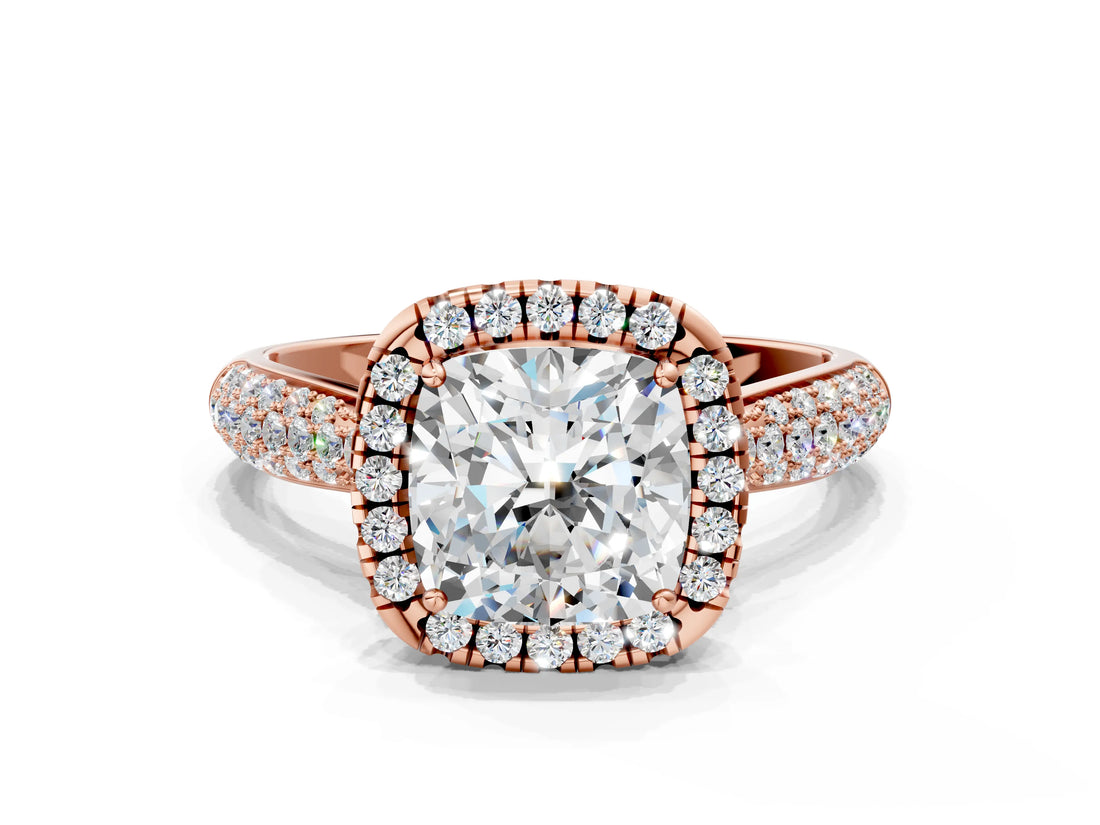 Rose gold Cushion Cut Halo Diamond Ring with Pavé Band_15