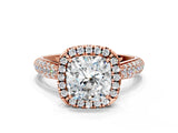 Rose gold Cushion Cut Halo Diamond Ring with Pavé Band_15