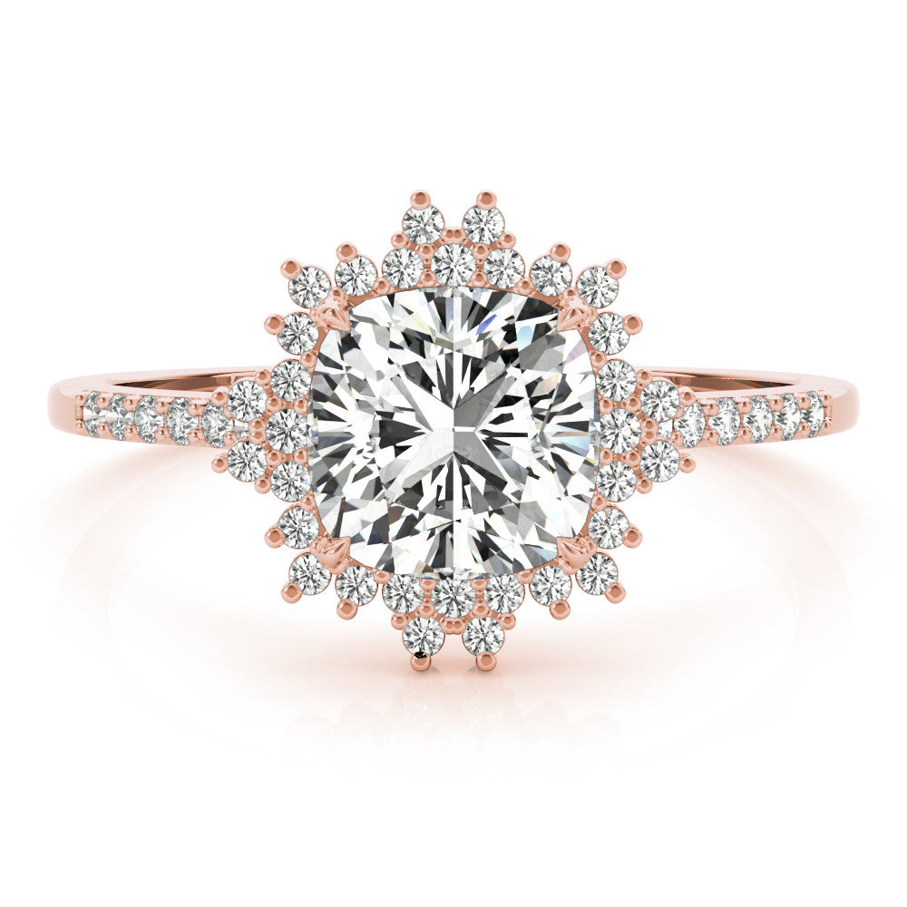 Rose gold Cushion Cut Halo Diamond Ring with Pave Band and Four-Prong Setting 1