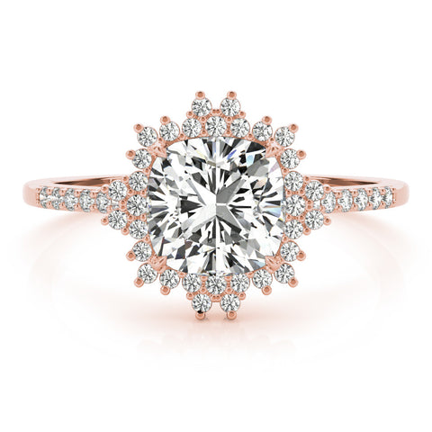 Rose gold Cushion Cut Halo Diamond Ring with Pave Band and Four-Prong Setting 1