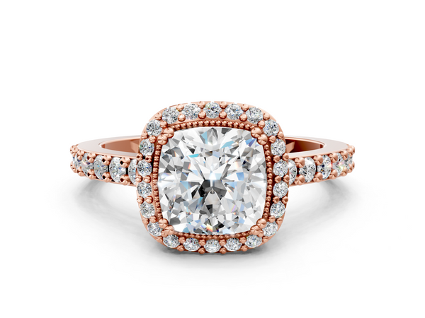 Rose gold Cushion Cut Diamond Halo Engagement Ring with Milgrain Detail and Pavé Band