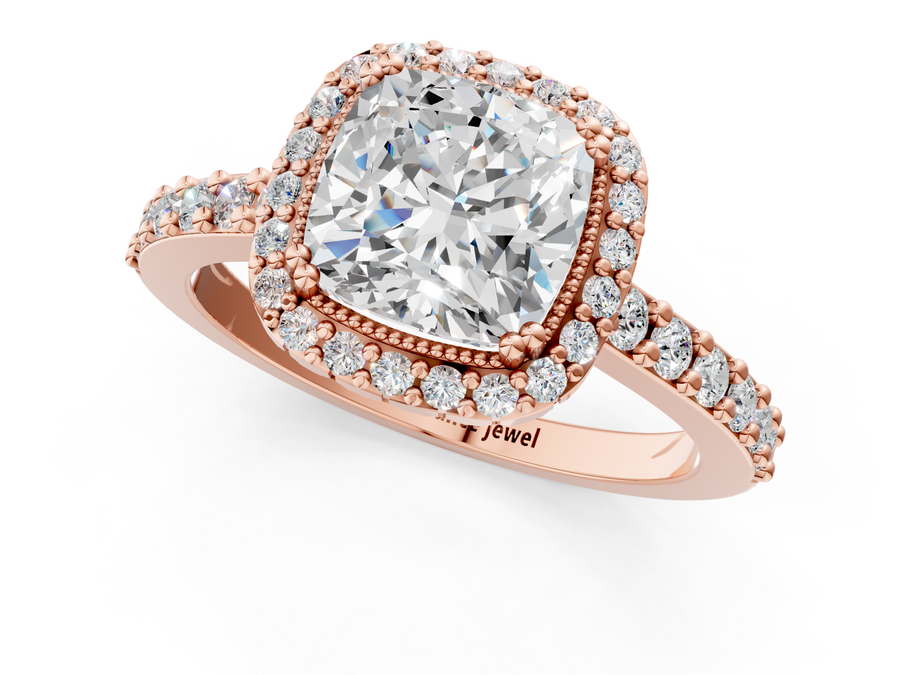 Rose gold Cushion Cut Diamond Halo Engagement Ring with Milgrain Detail and Pavé Band