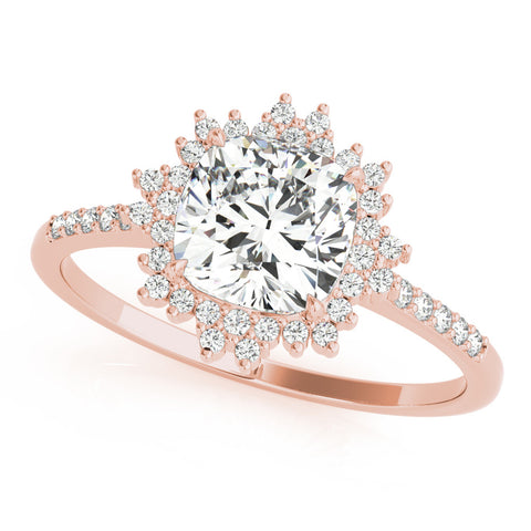 Rose gold Cushion Cut Halo Diamond Ring with Pave Band and Four-Prong Setting