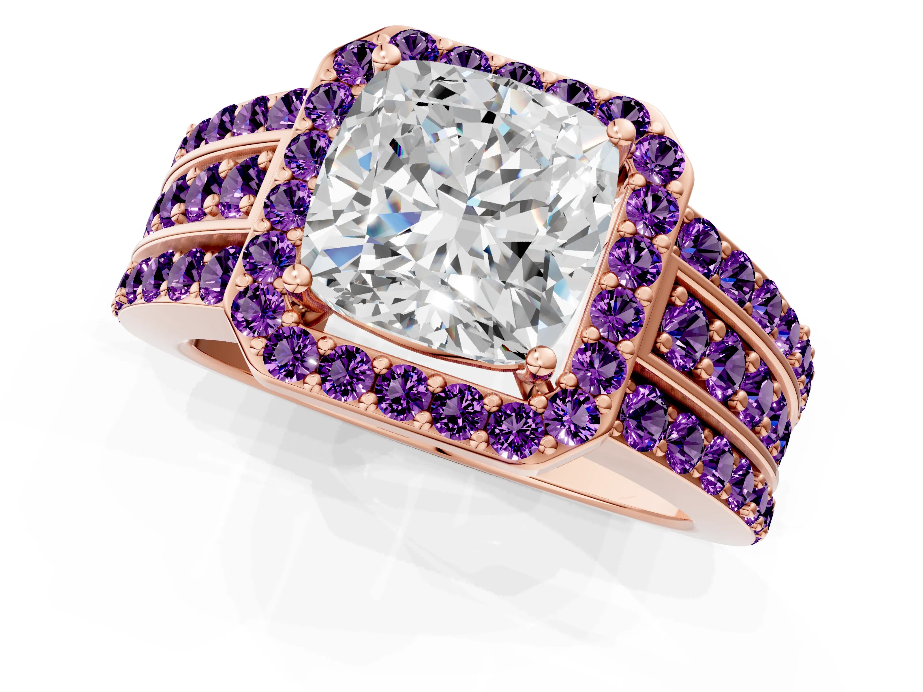 Rose gold Cushion Cut Halo Diamond Ring with Round with Amethyst side stone Split Shank and Prong Setting_1