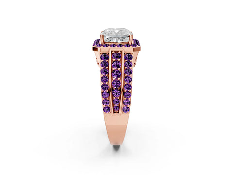 Rose gold Cushion Cut Halo Diamond Ring with Round with Amethyst side stone Split Shank and Prong Setting_2