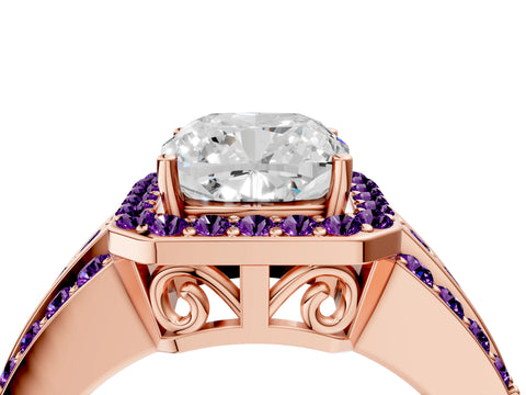 Rose gold Cushion Cut Halo Diamond Ring with Round with Amethyst side stone Split Shank and Prong Setting_4