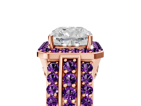 Rose gold Cushion Cut Halo Diamond Ring with Round with Amethyst side stone Split Shank and Prong Setting_5