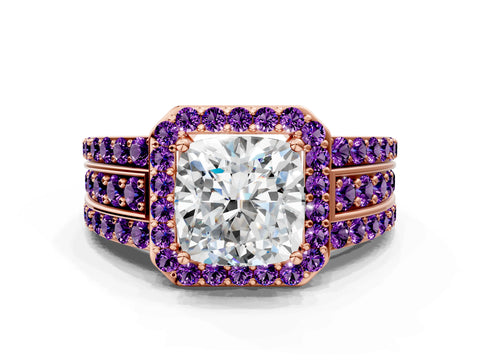 Rose gold Cushion Cut Halo Diamond Ring with Round with Amethyst side stone Split Shank and Prong Setting
