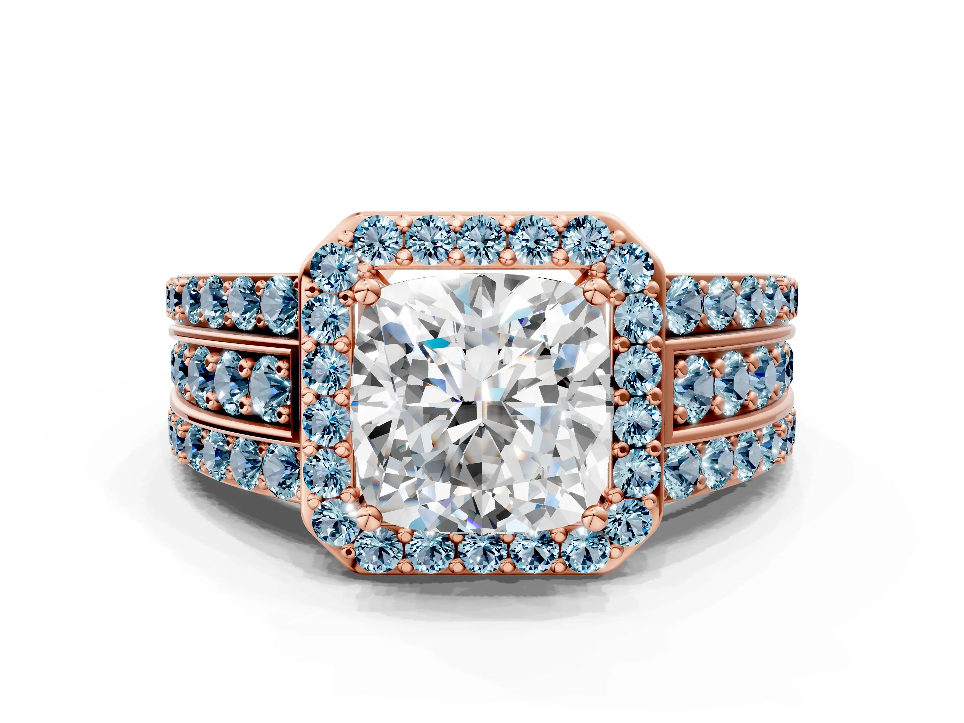 Rose gold Cushion Cut Halo Diamond Ring with Round with Aquamarine side stone Split Shank and Prong Setting