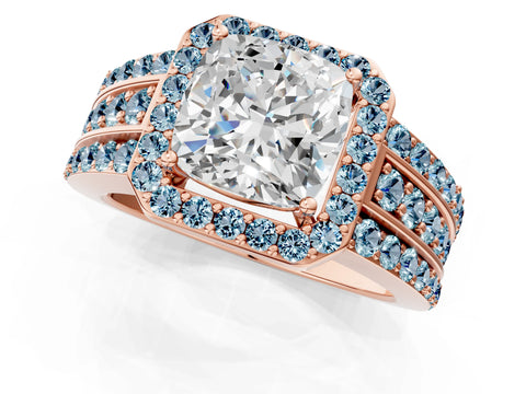 Rose gold Cushion Cut Halo Diamond Ring with Round with Aquamarine side stone Split Shank and Prong Setting_1