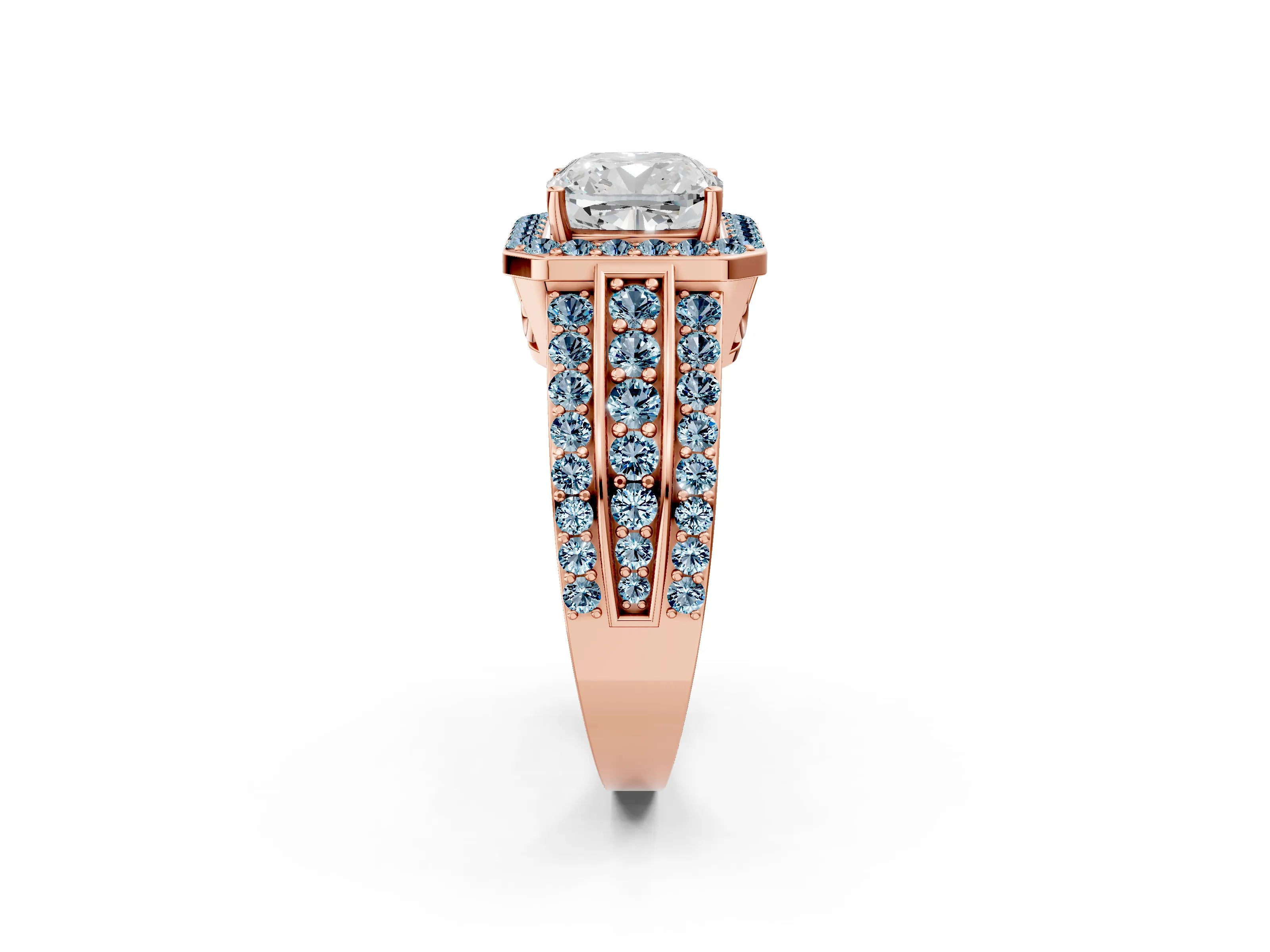 Rose gold Cushion Cut Halo Diamond Ring with Round with Aquamarine side stone Split Shank and Prong Setting_2