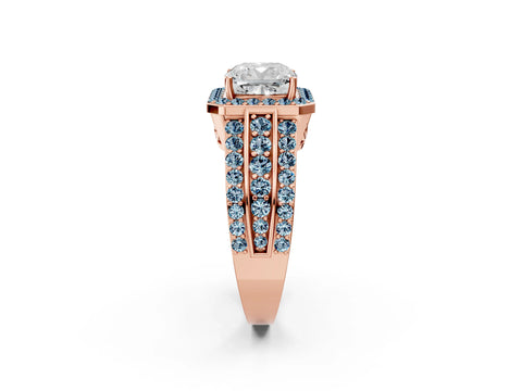 Rose gold Cushion Cut Halo Diamond Ring with Round with Aquamarine side stone Split Shank and Prong Setting_2