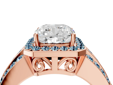 Rose gold Cushion Cut Halo Diamond Ring with Round with Aquamarine side stone Split Shank and Prong Setting_4
