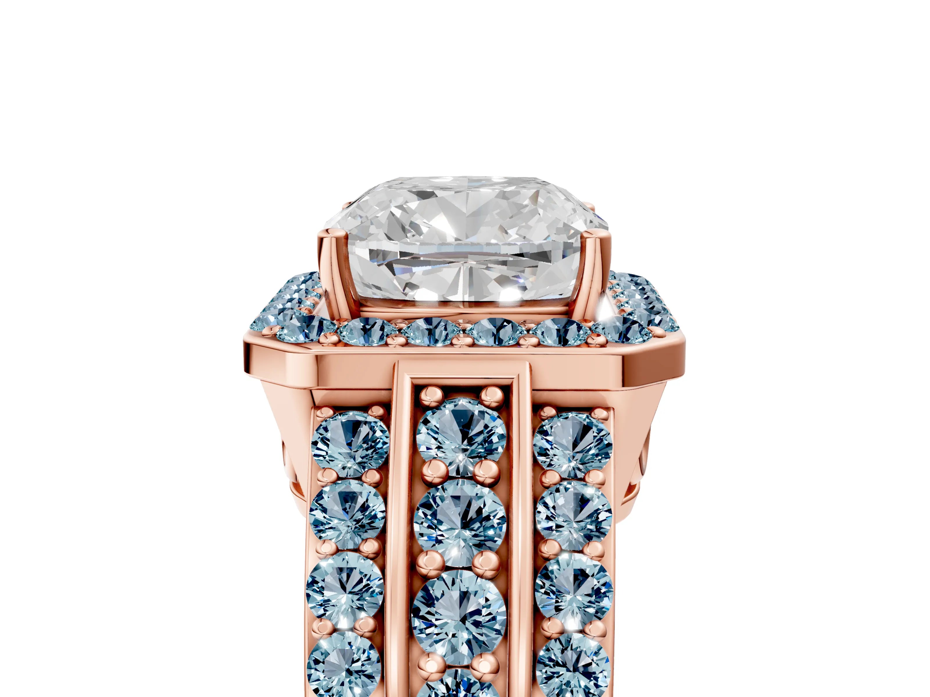 Rose gold Cushion Cut Halo Diamond Ring with Round with Aquamarine side stone Split Shank and Prong Setting_5