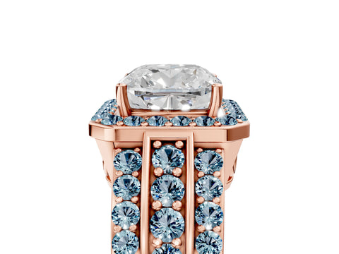 Rose gold Cushion Cut Halo Diamond Ring with Round with Aquamarine side stone Split Shank and Prong Setting_5
