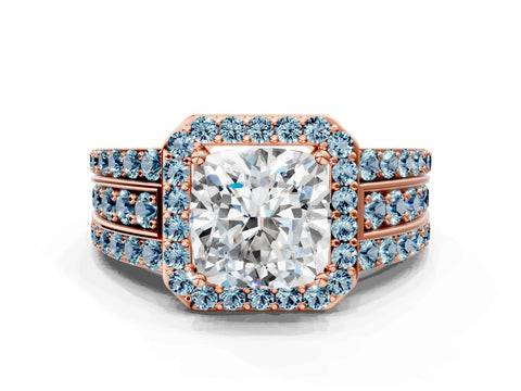 Rose gold Cushion Cut Halo Diamond Ring with Round with Aquamarine side stone Split Shank and Prong Setting