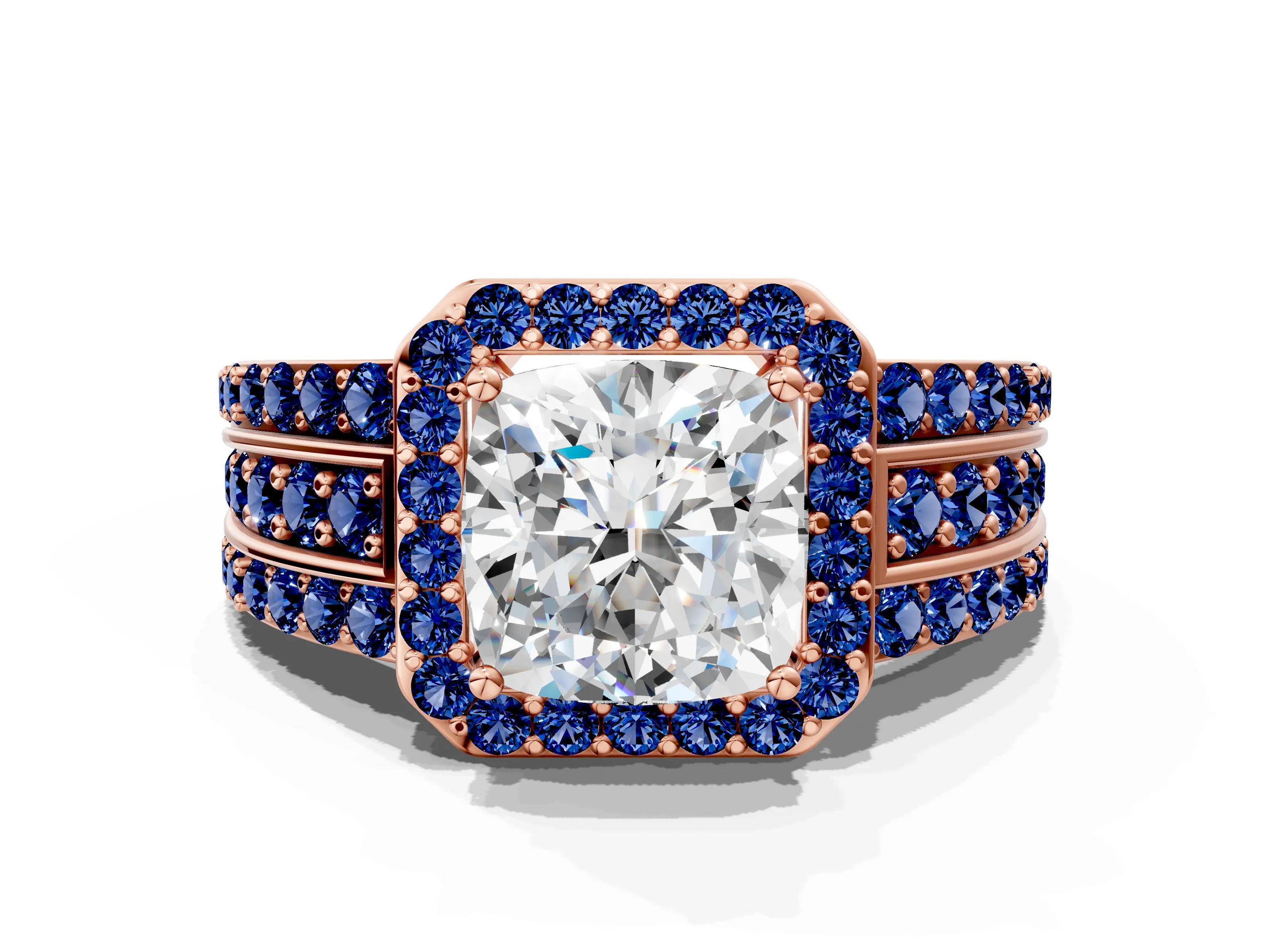 Rose gold Cushion Cut Halo Diamond Ring with Round with Blue Sapphire side stone Split Shank and Prong Setting