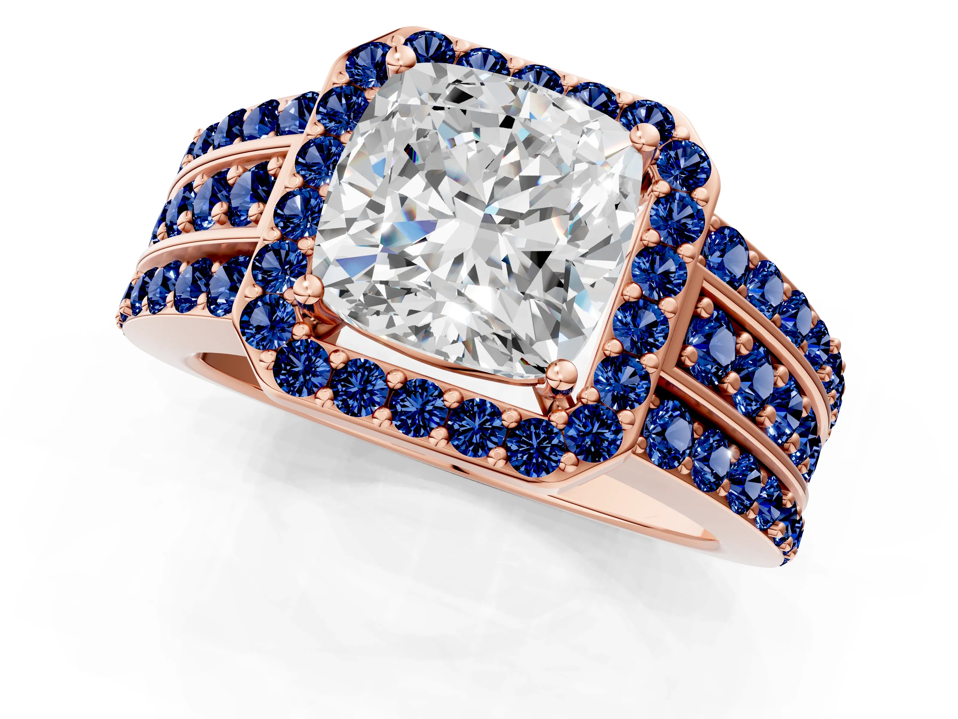 Rose gold Cushion Cut Halo Diamond Ring with Round with Blue Sapphire side stone Split Shank and Prong Setting_1