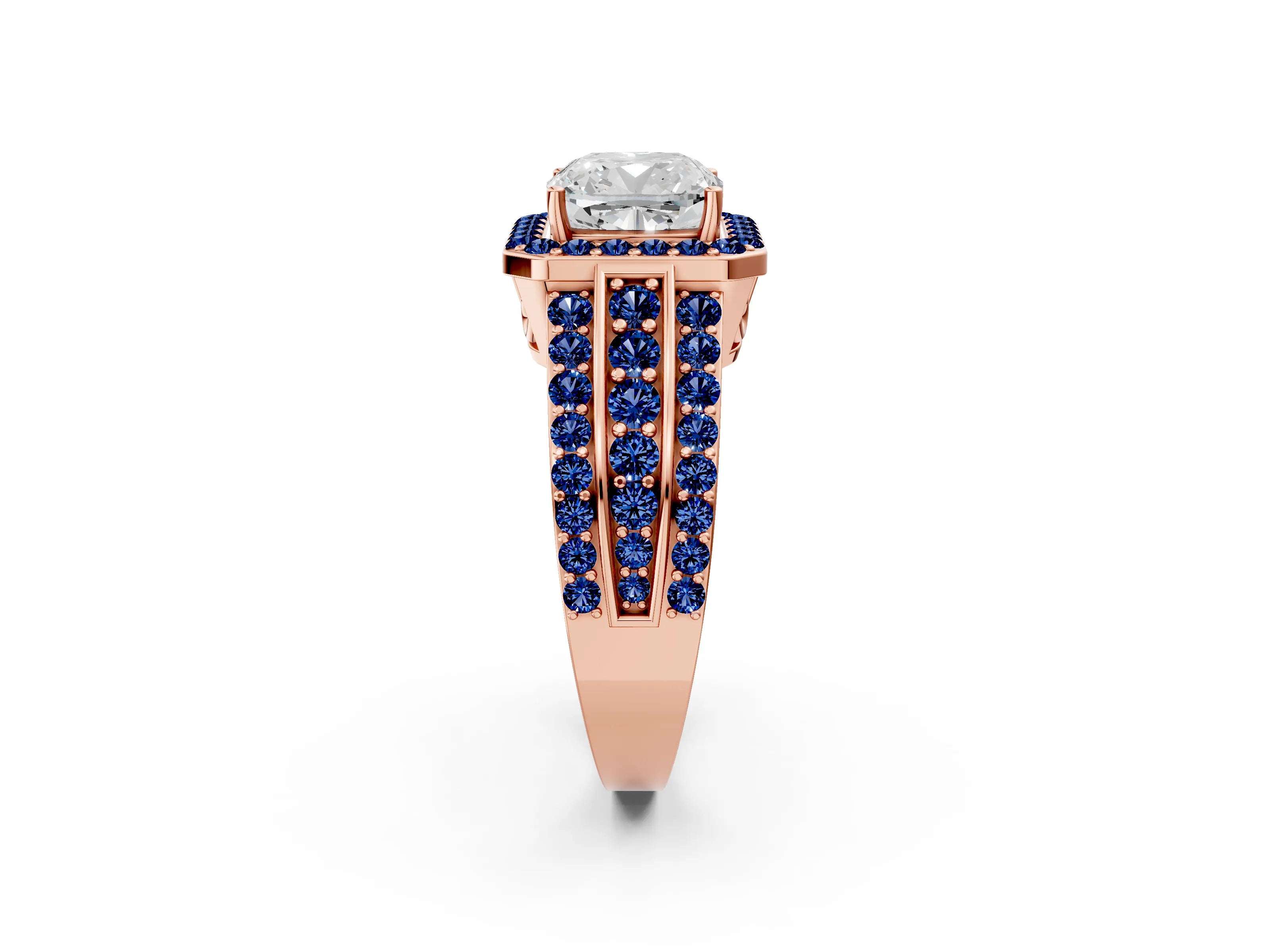 Rose gold Cushion Cut Halo Diamond Ring with Round with Blue Sapphire side stone Split Shank and Prong Setting_2