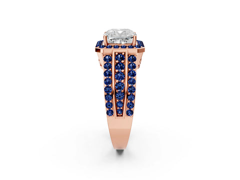 Rose gold Cushion Cut Halo Diamond Ring with Round with Blue Sapphire side stone Split Shank and Prong Setting_2