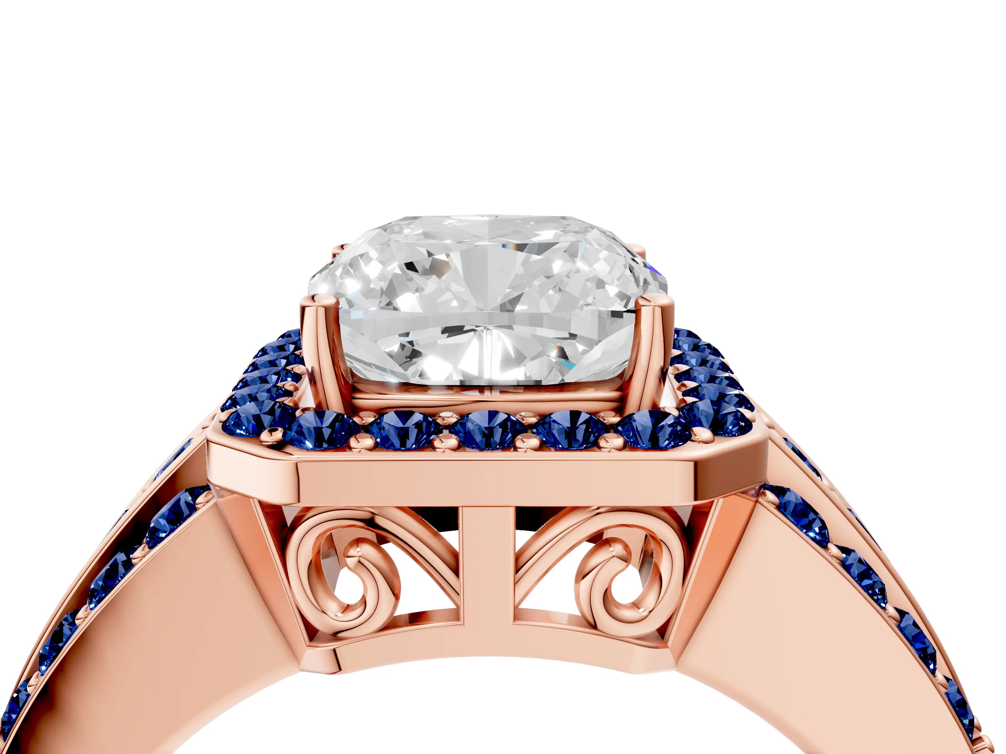 Rose gold Cushion Cut Halo Diamond Ring with Round with Blue Sapphire side stone Split Shank and Prong Setting_4