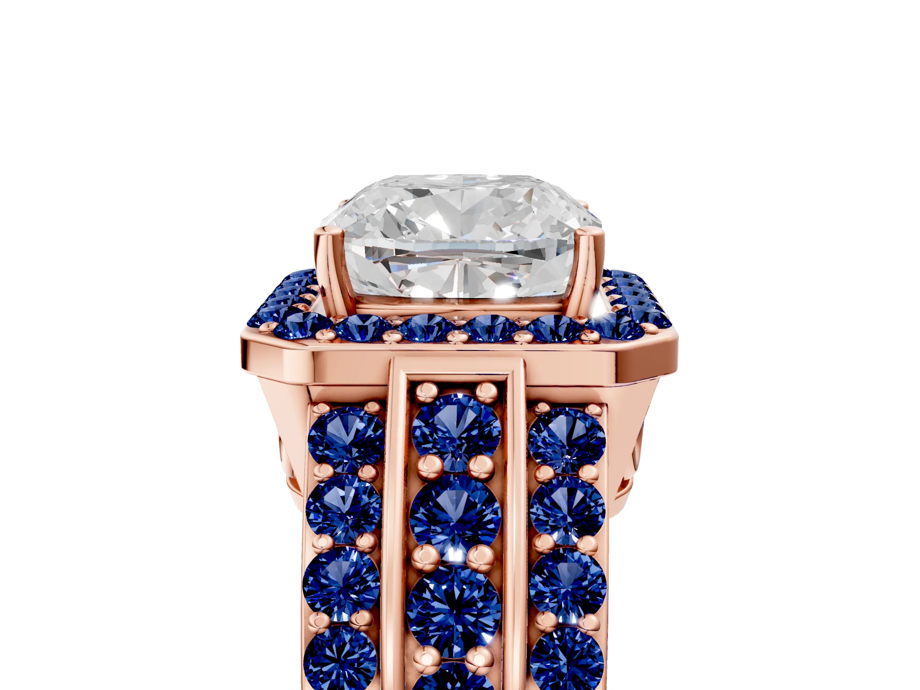 Rose gold Cushion Cut Halo Diamond Ring with Round with Blue Sapphire side stone Split Shank and Prong Setting_5