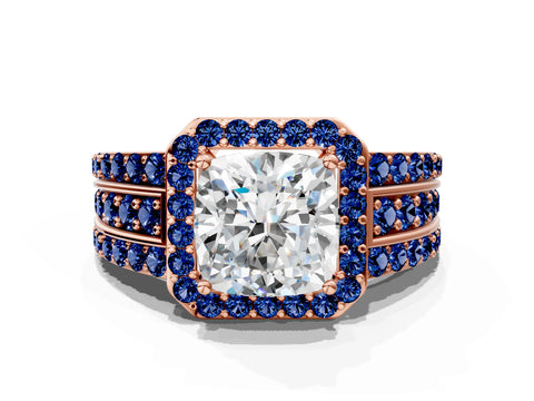 Rose gold Cushion Cut Halo Diamond Ring with Round with Blue Sapphire side stone Split Shank and Prong Setting
