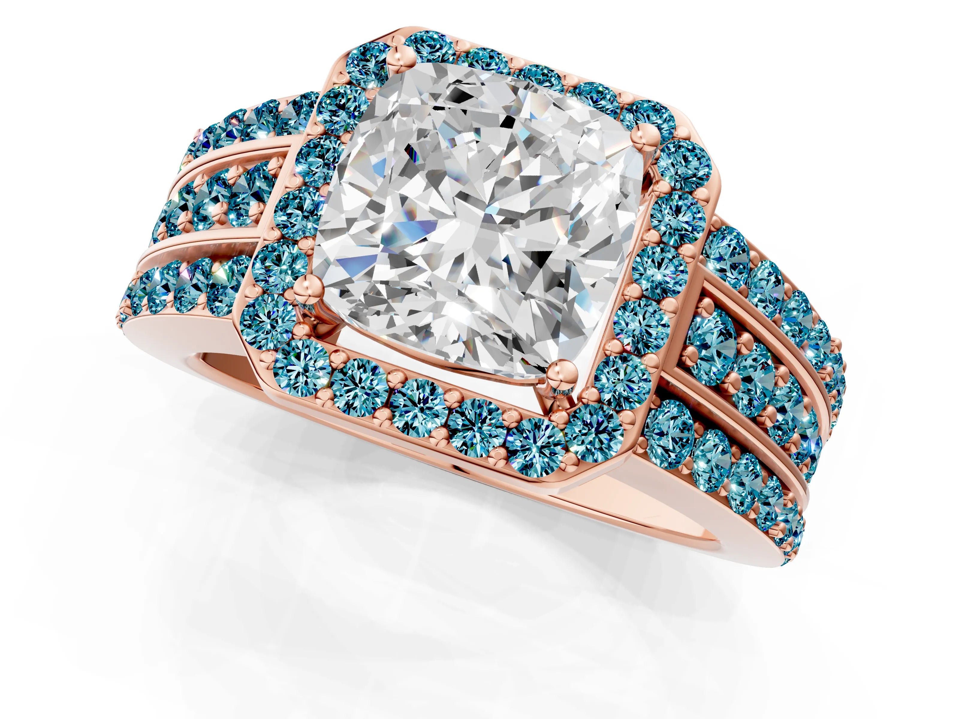 Rose gold Cushion Cut Halo Diamond Ring with Round with Blue Topaz side stone Split Shank and Prong Setting_1