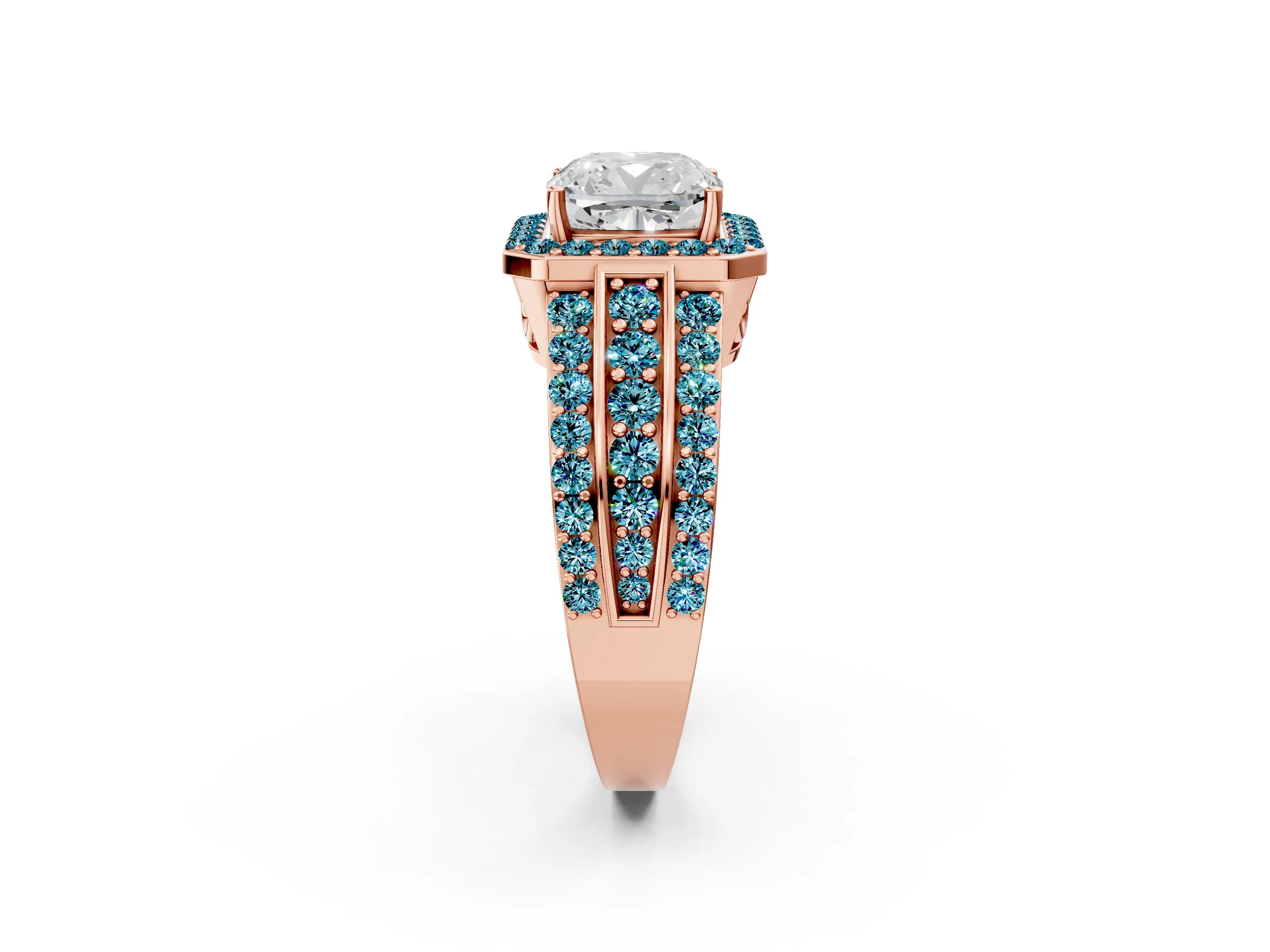 Rose gold Cushion Cut Halo Diamond Ring with Round with Blue Topaz side stone Split Shank and Prong Setting_2