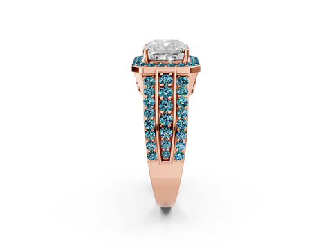 Rose gold Cushion Cut Halo Diamond Ring with Round with Blue Topaz side stone Split Shank and Prong Setting_2