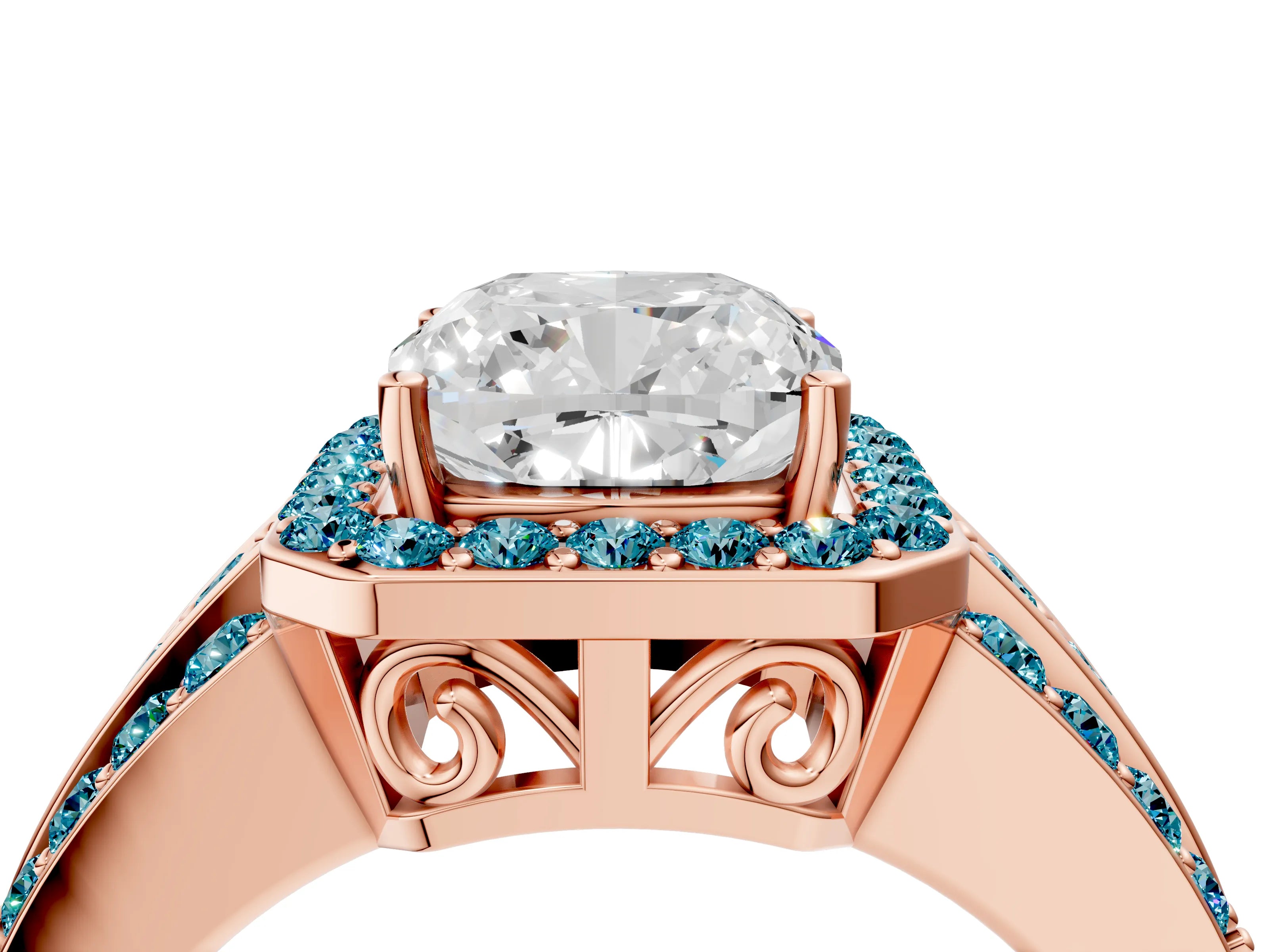 Rose gold Cushion Cut Halo Diamond Ring with Round with Blue Topaz side stone Split Shank and Prong Setting_4